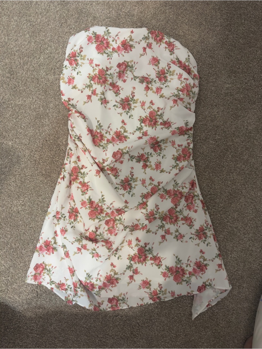 Strapless White Floral Summer Dress with Pink Rose Print